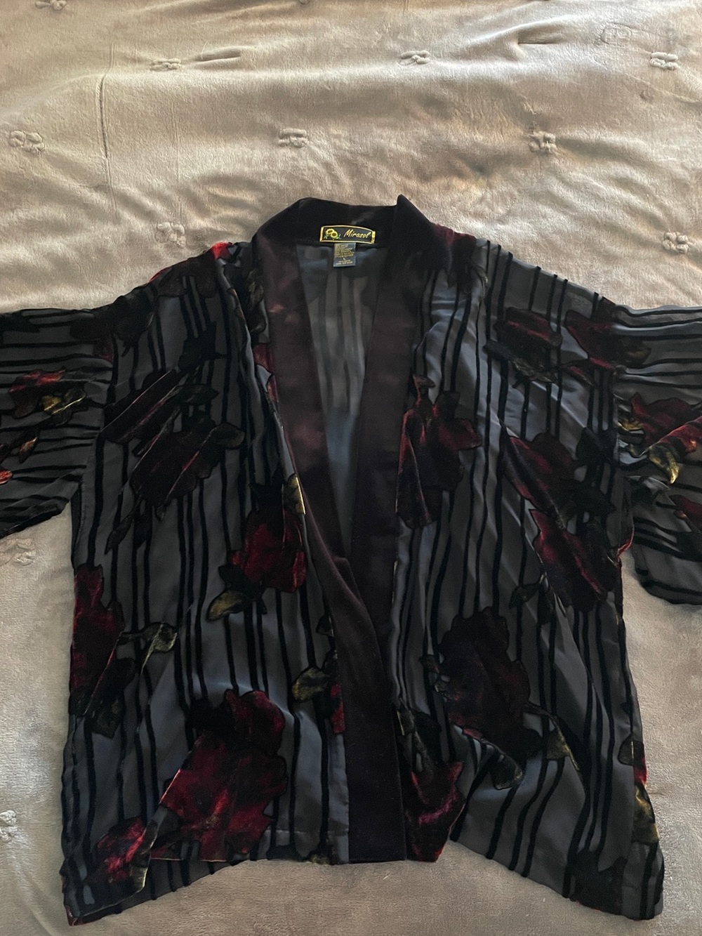 Mirasol Black Velvet Burnout Floral Kimono Jacket with Burgundy and Gold Accents